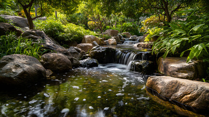 Flowing stream creating waterfalls in a tranquil garden