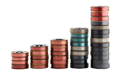 Stacks of colorful metal rings arranged in ascending order isolated on transparent background