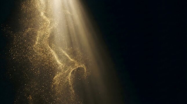 Cinematic wide shot. Magical golden dust particles dancing in a strong beam of volumetric light (God rays). The background is a deep, dark void. The light source enters from the top left, fading to de
