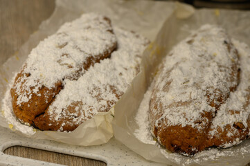 Festive German Christmas Stollen on Rustic Kitchen Table