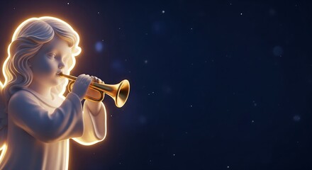 A beautiful female angel with glowing wings plays a golden trumpet against a twilight sky — ideal for religious designs, spiritual art, and Christmas promotions.