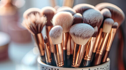 Close-up of a collection of professional makeup brushes with soft bristles and golden ferrules, standing in a cup