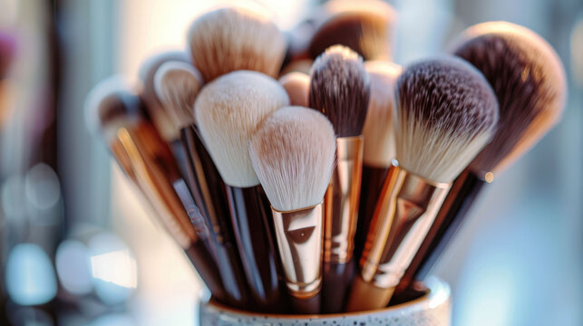 Close-up of a collection of professional makeup brushes with soft bristles and golden ferrules, standing in a cup - Powered by Adobe