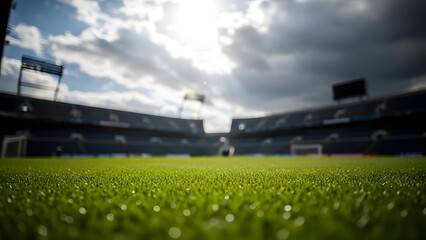 A blurry daytime view of a baseball stadium with green grass and cloudy sky