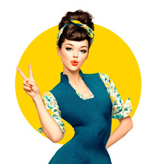 Pin-up Style Woman with Beehive Hairdo Giving a Peace Sign on Yellow Backdrop. Vintage Charm, Housewife Fashion, Cheerful Pose.