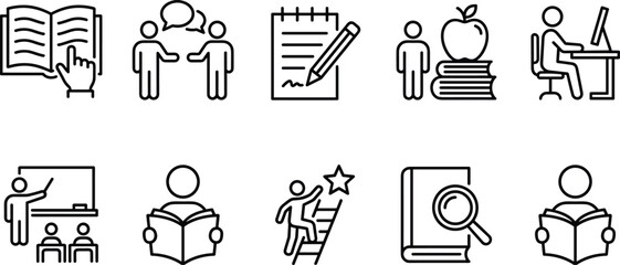 Education icon set, student learning graphic, classroom teaching symbol, academic achievement badge, online study illustration, research interface element