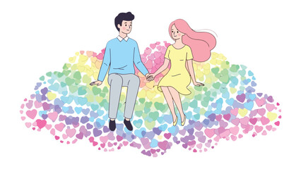 Couple on Rainbow Hearts: A tender couple sits hand in hand, nestled atop a vibrant cloud of hearts, symbolizing love, dreams, and a shared journey.