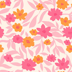 Pink Orange Floral Leaf Pattern with Stencil Style Shapes