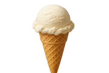 Vanilla ice cream cone, single scoop and transparent background image.