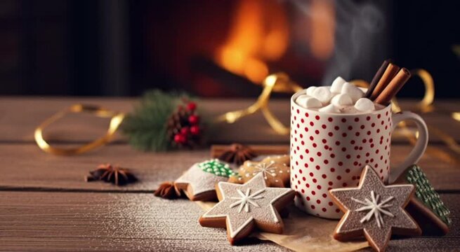 Closeup of Christmas Gingerbread Cookies and Hot Chocolate in Festive Setting