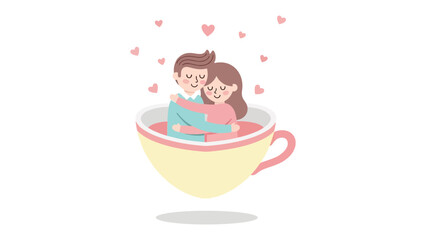 Love in a Cup: Two figures embrace within a giant teacup, surrounded by floating hearts, evoking a sense of cozy togetherness and sweet affection.