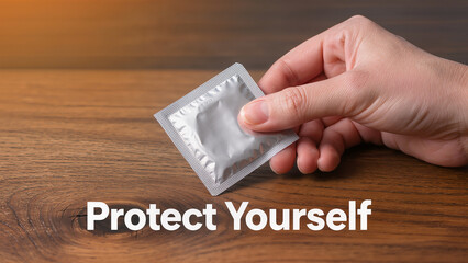 Close-up of a hand placing a condom on a table, warm ambient lighting, soft shadows, public health awareness campaign style, text overlay "Protect Yourself" in bold sans-serif font.