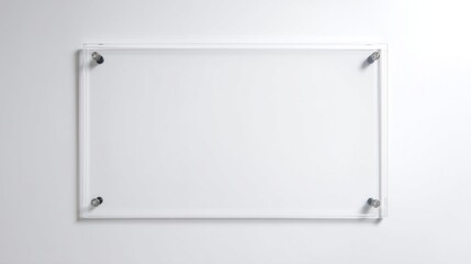 A rectangular acrylic display case with clear panels and small black knobs, attached to a plain white background,