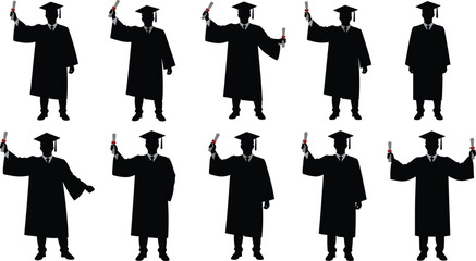 Graduation silhouettes group celebrating academic milestone, students raising diplomas in caps and gowns, joyful education success ceremony event