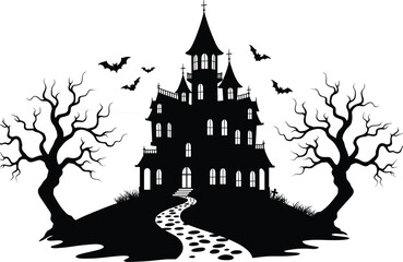 Haunted house silhouette, spooky Halloween scene, gothic mansion, bats flying, eerie trees, creepy path, horror night, scary atmosphere