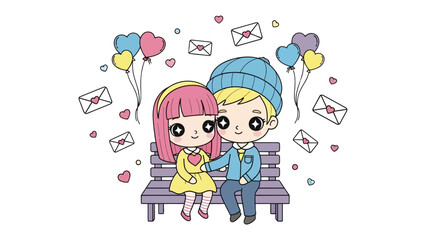 Love's Embrace: A tender moment unfolds as a couple of cute cartoon character share a sweet embrace, surrounded by heart, balloon, and letter symbols symbolizing love's warmth and sweet affection.