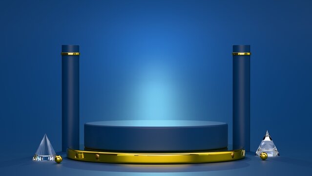 Luxury Blue Podium and Gold Geometric Display Stage 3D Render