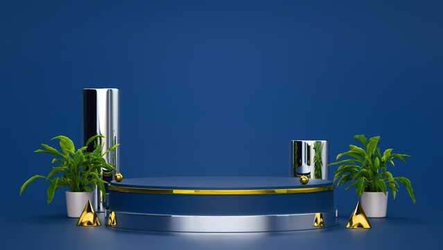 Elegant Navy Blue Product Display Pedestal with Gold and Chrome Accents