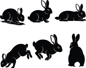Rabbit silhouette collection, multiple poses, animal wildlife illustration, bunny movement, pet design, nature concept, jumping hare, sitting rabbit