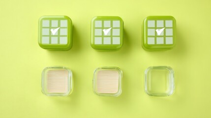 Three square lunch boxes of different heights are neatly arranged in a row against a vibrant green backdrop.