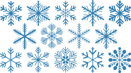 Blue snowflake icon set collection, winter cold weather symbols, Christmas holiday decoration elements, frozen ice crystal vector, isolated illustration design