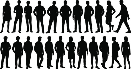 Silhouette group of diverse people standing in various poses, human body language, lifestyle concept, demographic diversity artistic illustration