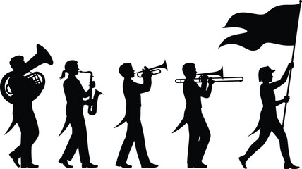 Silhouette marching band with sousaphone, saxophone, trumpet, trombone, flag bearer, parade performance, musical celebration, artistic illustration © Sohan Creatives