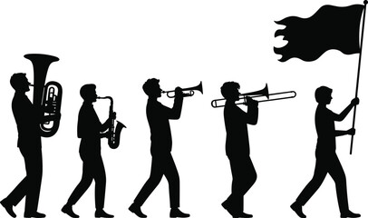 Silhouette marching band parade with musicians and flag bearer, trumpet trombone saxophone tuba illustration, music performance, festival celebration © Sohan Creatives