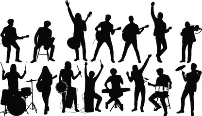 Silhouette musicians performing live concert with instruments, energetic band on stage, music festival entertainment, audience celebration, artistic performance
