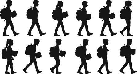 Silhouette of students walking with backpacks and books, symbolizing education, learning, youth movement, and academic lifestyle outdoors