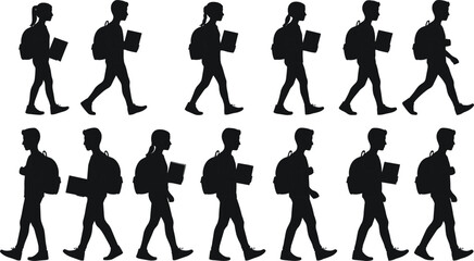 Silhouette of young people using mobile phones with backpacks, symbolizing modern communication, social media, and digital lifestyle