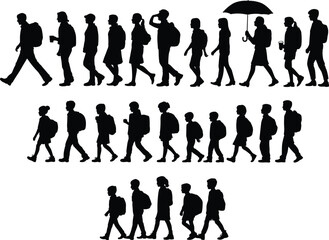Silhouette people walking with bags, backpacks, and umbrella, diverse age groups, lifestyle movement, pedestrian activity, human motion illustration
