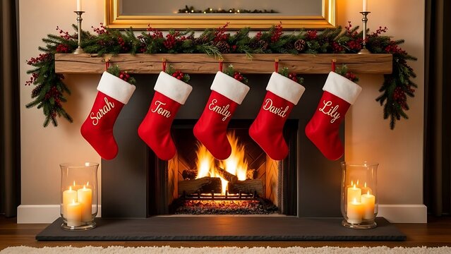 Christmas Stockings Hanging by the Fireplace with Names on Them