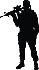 Silhouette soldier holding scoped rifle, tactical military uniform, armed forces defense, combat readiness, precision shooting, service illustration design
