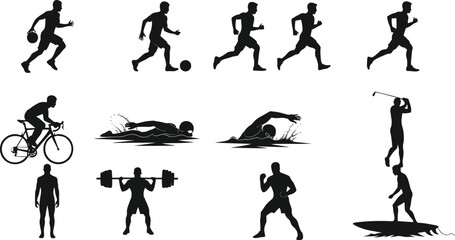 Silhouettes of athletes in multiple sports activities including running, cycling, swimming, weightlifting, boxing, surfing, golf