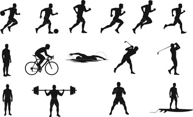 Silhouettes of athletes in multiple sports activities including running, cycling, swimming, weightlifting, boxing, surfing, golf