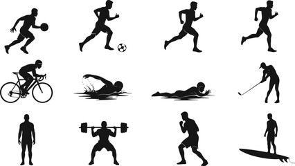 Silhouettes of athletes in multiple sports activities including running, cycling, swimming, weightlifting, boxing, surfing, golf