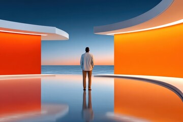 Man stands alone in a futuristic orange gallery facing the ocean at sunset, a contemplative moment
