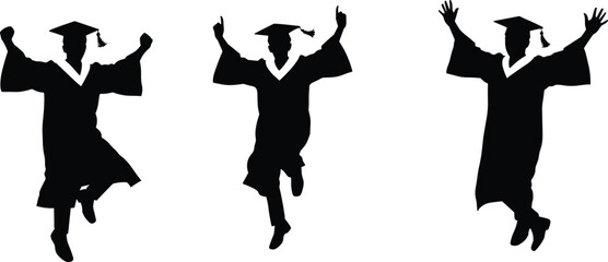 Silhouettes of graduates jumping with caps and gowns, celebrating academic success, joyful education milestone, university college achievement