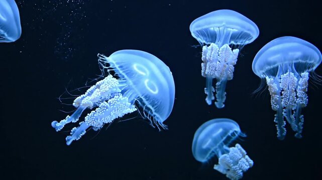Luminous jellyfish drifting gracefully in deep dark water, soft bioluminescent glow, ethereal slow movement, marine atmosphere, stunning cinematic 4K HD footage