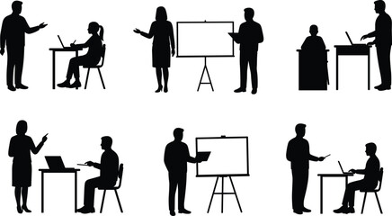 Fototapeta premium Silhouettes of people teaching, presenting, and collaborating, professional education activities, workplace training, modern communication illustration