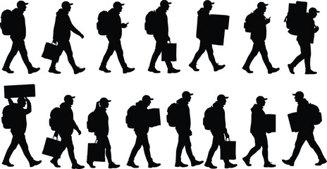 Silhouettes of people walking, commuters carrying bags, travelers with luggage, shopping crowd, urban lifestyle, daily routine, diverse movement, transportation scene