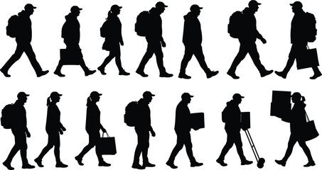 Silhouettes of walking man, commuter with backpack, carrying briefcase, holding phone, urban lifestyle, daily routine, human motion, travel concept