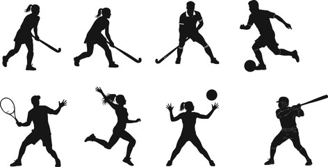 Sports silhouettes of athletes in action poses including hockey, soccer, tennis, running, volleyball, baseball, fitness, competition