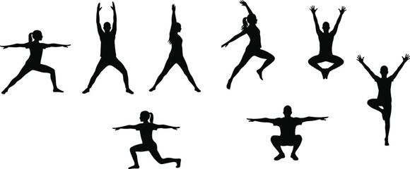 Yoga silhouettes of people in fitness poses, balance, meditation, mindfulness, strength, flexibility, exercise, wellness, healthy lifestyle