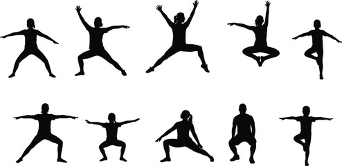 Yoga silhouettes of people in fitness poses, balance, strength, flexibility, mindfulness, wellness, exercise, healthy lifestyle