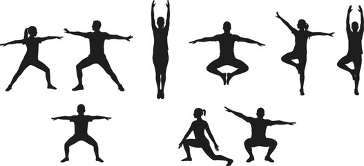 Yoga silhouettes of people in fitness poses, meditation, mindfulness, balance, strength, flexibility, exercise, wellness, healthy lifestyle