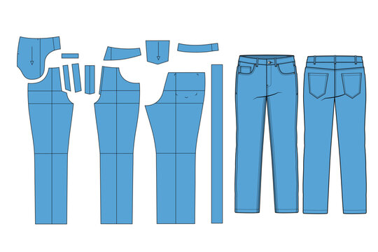 Denim pant sewing pattern technical flat design vector mockup template.