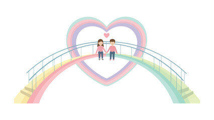 Love's Bridge: A couple stands on a whimsical, rainbow-colored bridge that arches toward a heart-shaped embrace, celebrating a symbol of connection and shared love.