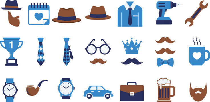 Father&rsquo;s Day clipart bundle featuring hats, tools, ties, glasses, mustaches, mugs, watches, crowns, and masculine icons for crafts and gifts